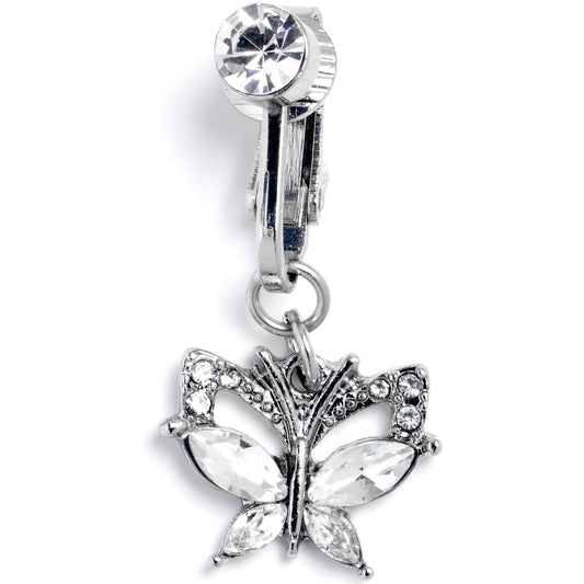 Clear CZ Gem Butterfly Bling Dangle Clip on Fake Belly Ring