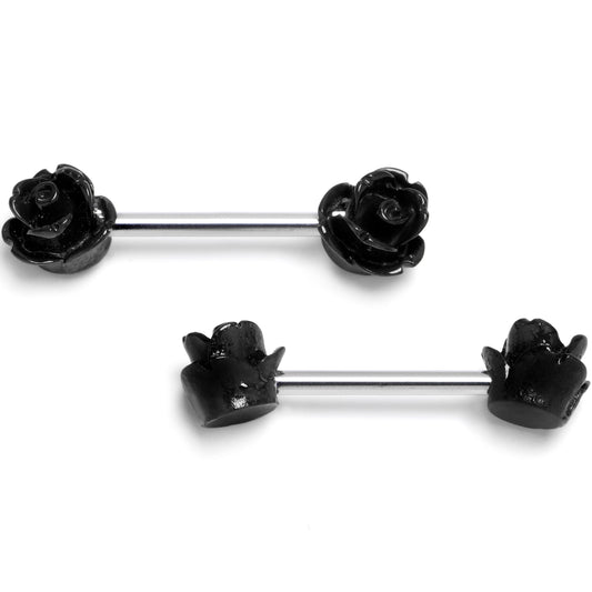14G 1/2 Open Bloom Rose Black Barbell Nipple Ring Set