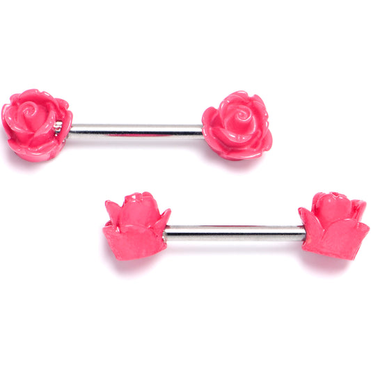 14G 1/2 Open Bloom Rose Pink Barbell Nipple Ring Set