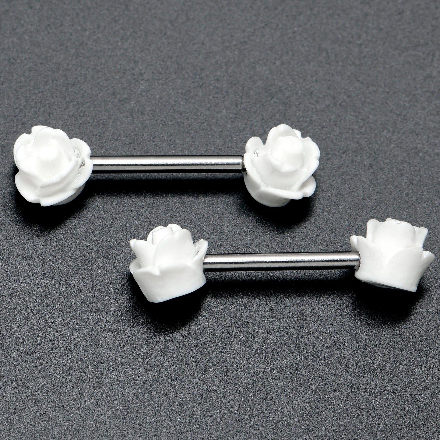 14G 1/2 Open Bloom Rose White Barbell Nipple Ring Set