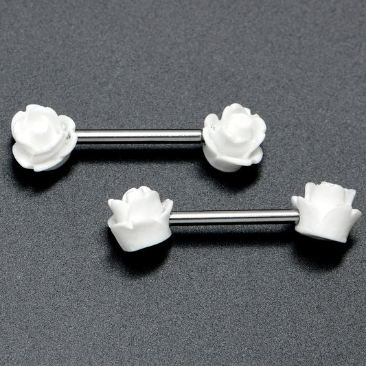14G 1/2 Open Bloom Rose White Barbell Nipple Ring Set