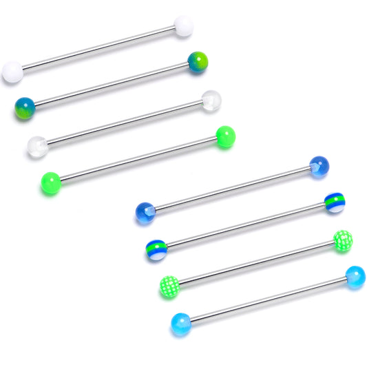 14G Blues Greens White Industrial Barbell 38mm Set of 8