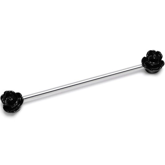 14G Open Bloom Rose Black Industrial Barbell 38mm