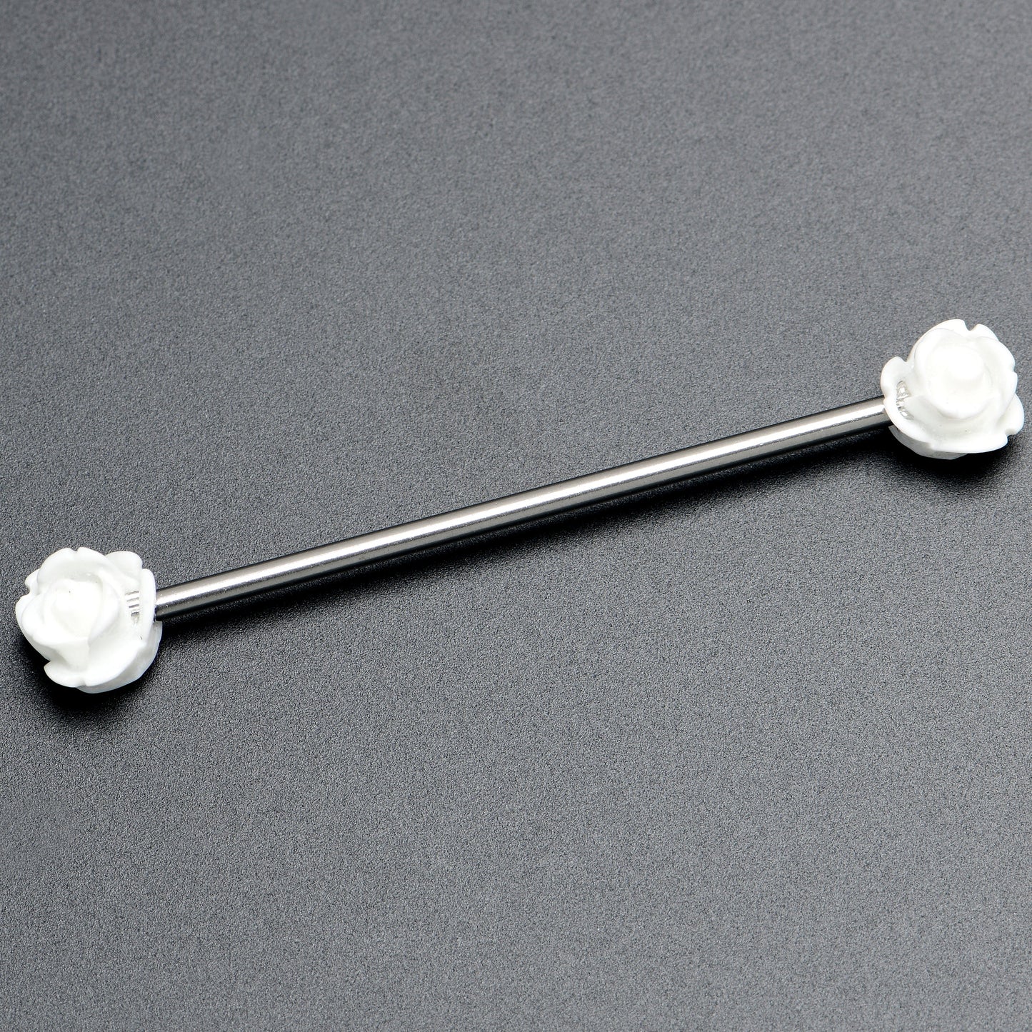 14G Open Bloom Rose White Industrial Barbell 38mm