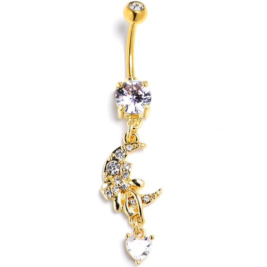 Clear CZ Gem Gold Tone Moon Bow Heart Dangle Belly Ring