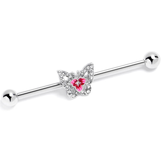 14G Clear Gem Fabulous Butterfly Pink Industrial Barbell 38mm