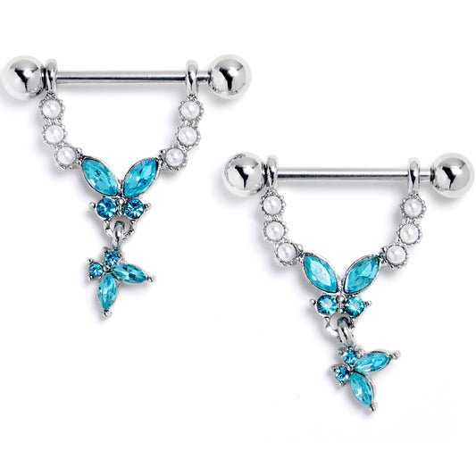 14G 9/16 Blue Gem Double Butterfly Glam Dangle Nipple Ring Set