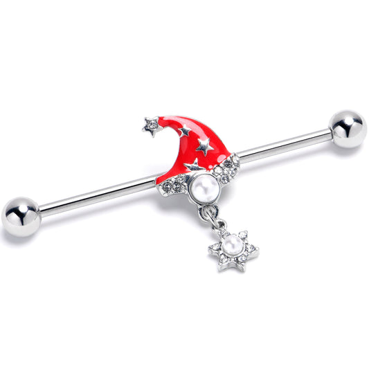 14G Clear Gem Santa Hat Stars Red Dangle Industrial Barbell 38mm