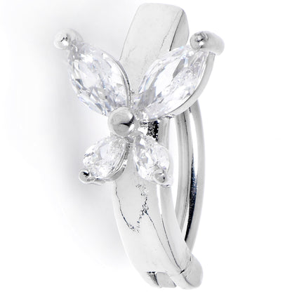 14G 3/8 Clear CZ Gem G23 Titanium Butterfly Hinged Hoop Belly Ring
