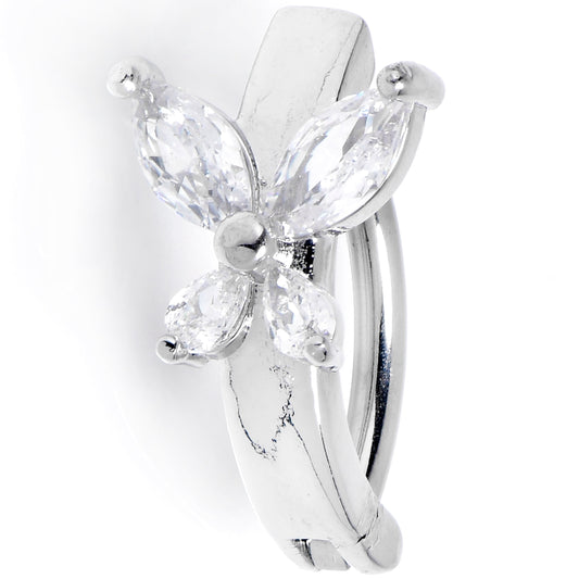 14G 3/8 Clear CZ Gem G23 Titanium Butterfly Hinged Hoop Belly Ring