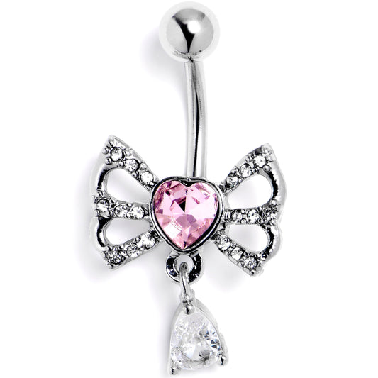 Clear Pink CZ Gem Heart In A Bow Dangle Belly Ring
