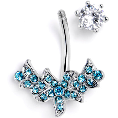 Clear Blue Gem Flower Garland Double Mount Belly Ring