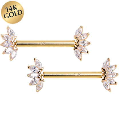 14G 9/16 Solid 14k Yellow Gold CZ Floral Push In Threadless Nipple Ring Set