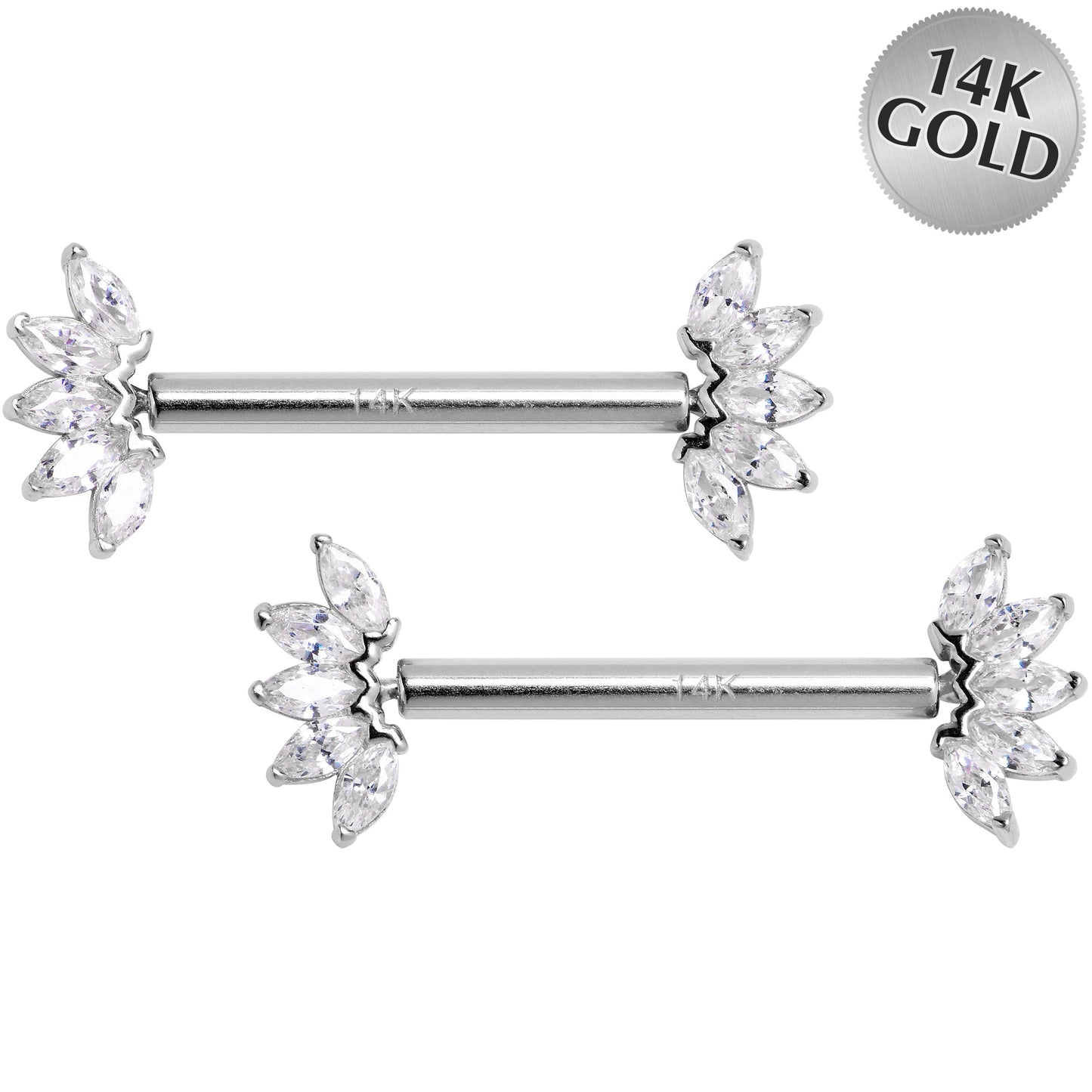 14G 9/16 Solid 14k White Gold CZ Floral Push In Threadless Nipple Ring Set