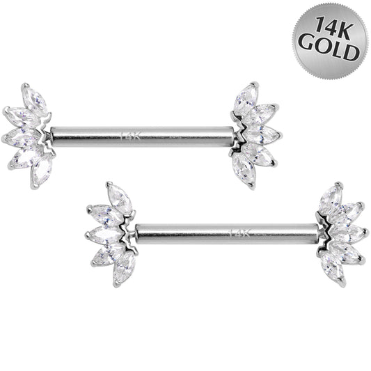 14G 9/16 Solid 14k White Gold CZ Floral Push In Threadless Nipple Ring Set