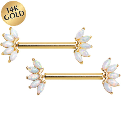 14G 9/16 Solid 14k Yellow Gold Synthetic Opal Floral Push In Threadless Nipple Ring Set