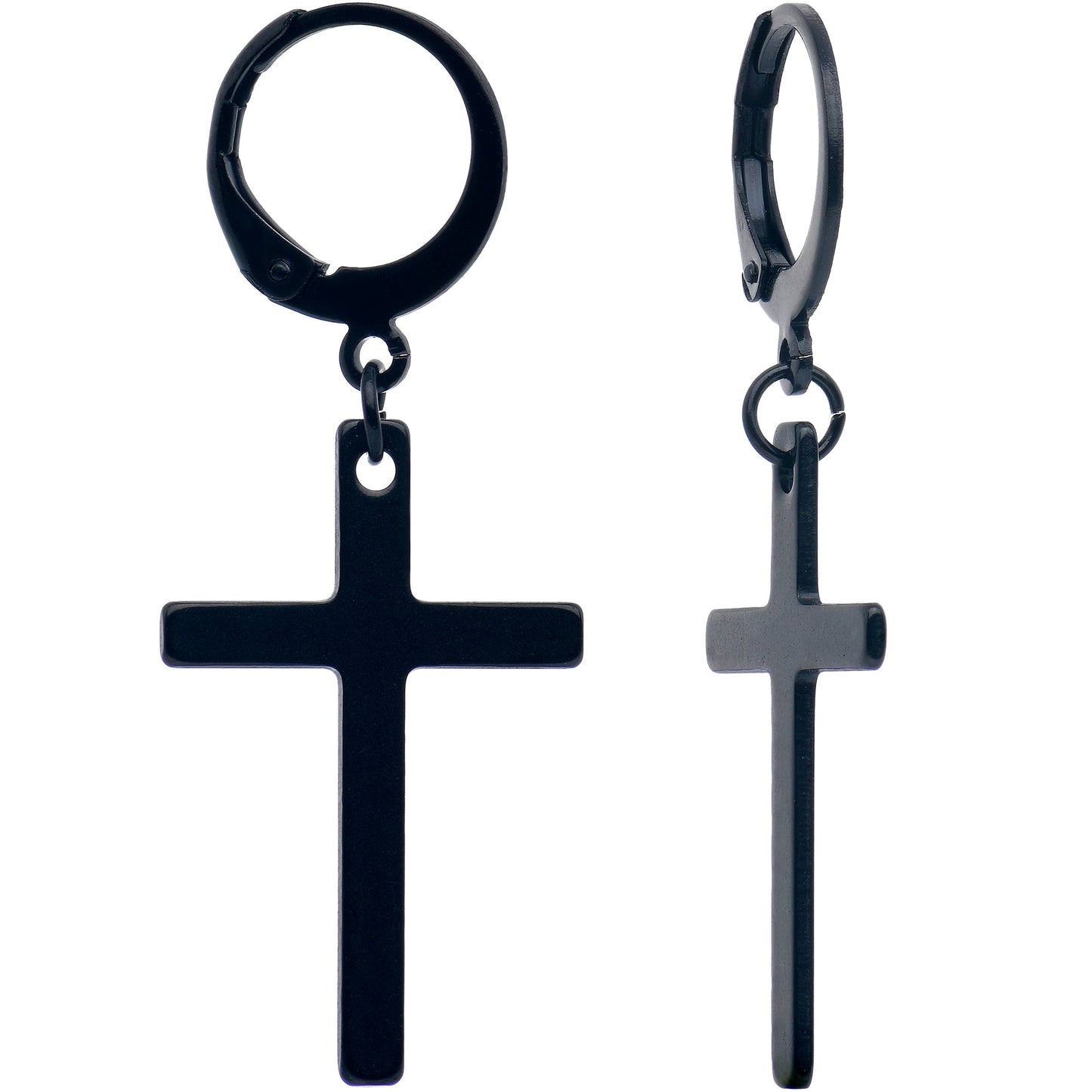 Black Stainless Steel Hinged Huggie Hoop Cross Dangle Earrings