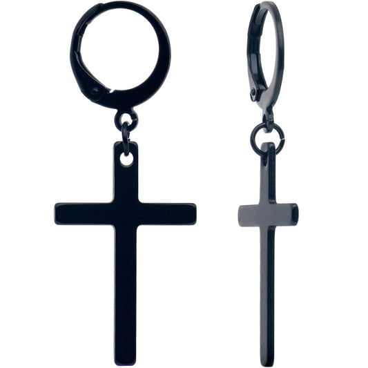 Black Stainless Steel Hinged Huggie Hoop Cross Dangle Earrings