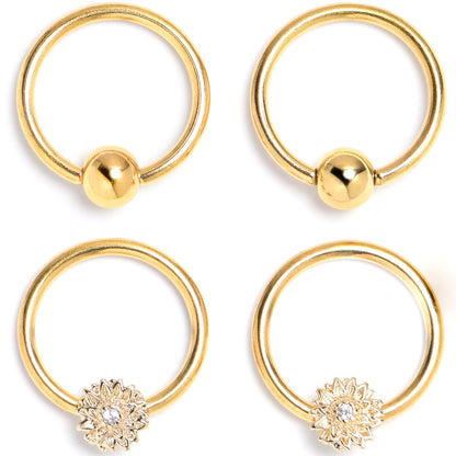 16G 3/8 Clear Gem Gold Tone Tiny Flower BCR Captive Ring Set of 4