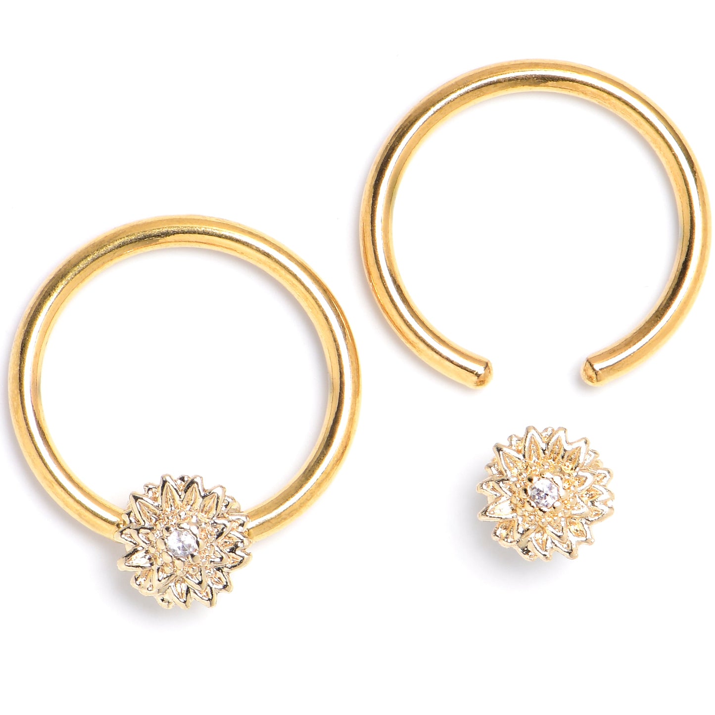 16G 3/8 Clear Gem Gold Tone Tiny Flower BCR Captive Ring Set of 4