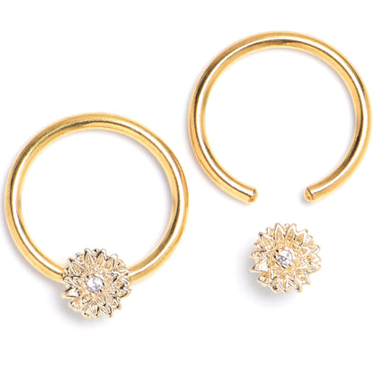 16G 3/8 Clear Gem Gold Tone Tiny Flower BCR Captive Ring Set of 4