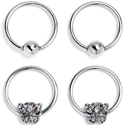 16G 3/8 Aurora Gem Butterfly Ornate BCR Captive Ring Set of 4