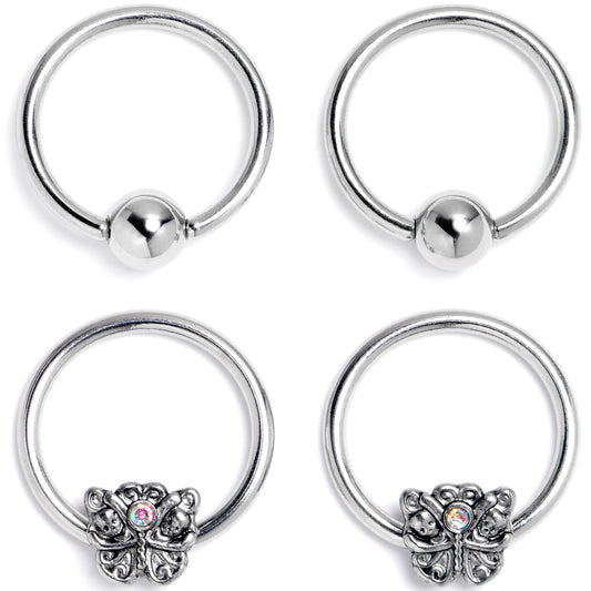 16G 3/8 Aurora Gem Butterfly Ornate BCR Captive Ring Set of 4