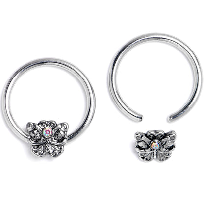 16G 3/8 Aurora Gem Butterfly Ornate BCR Captive Ring Set of 4