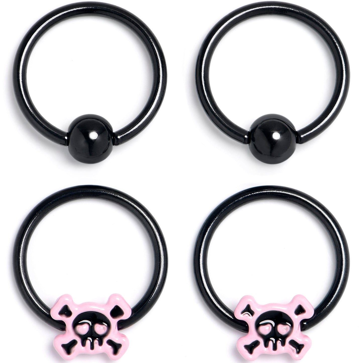 16G 3/8 Black Skull Crossbones Pink BCR Captive Ring Set of 4