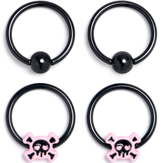 16G 3/8 Black Skull Crossbones Pink BCR Captive Ring Set of 4