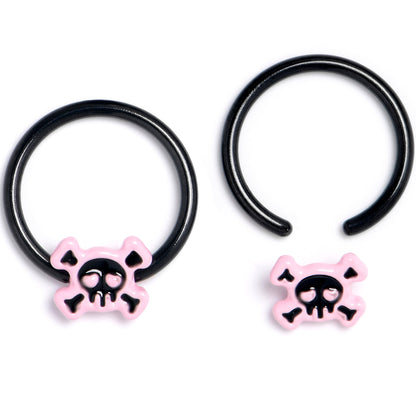 16G 3/8 Black Skull Crossbones Pink BCR Captive Ring Set of 4