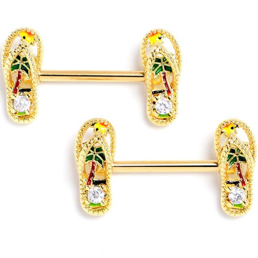 14G 9/16 Clear Gem Gold Tone Beach Sandal Barbell Nipple Ring Set