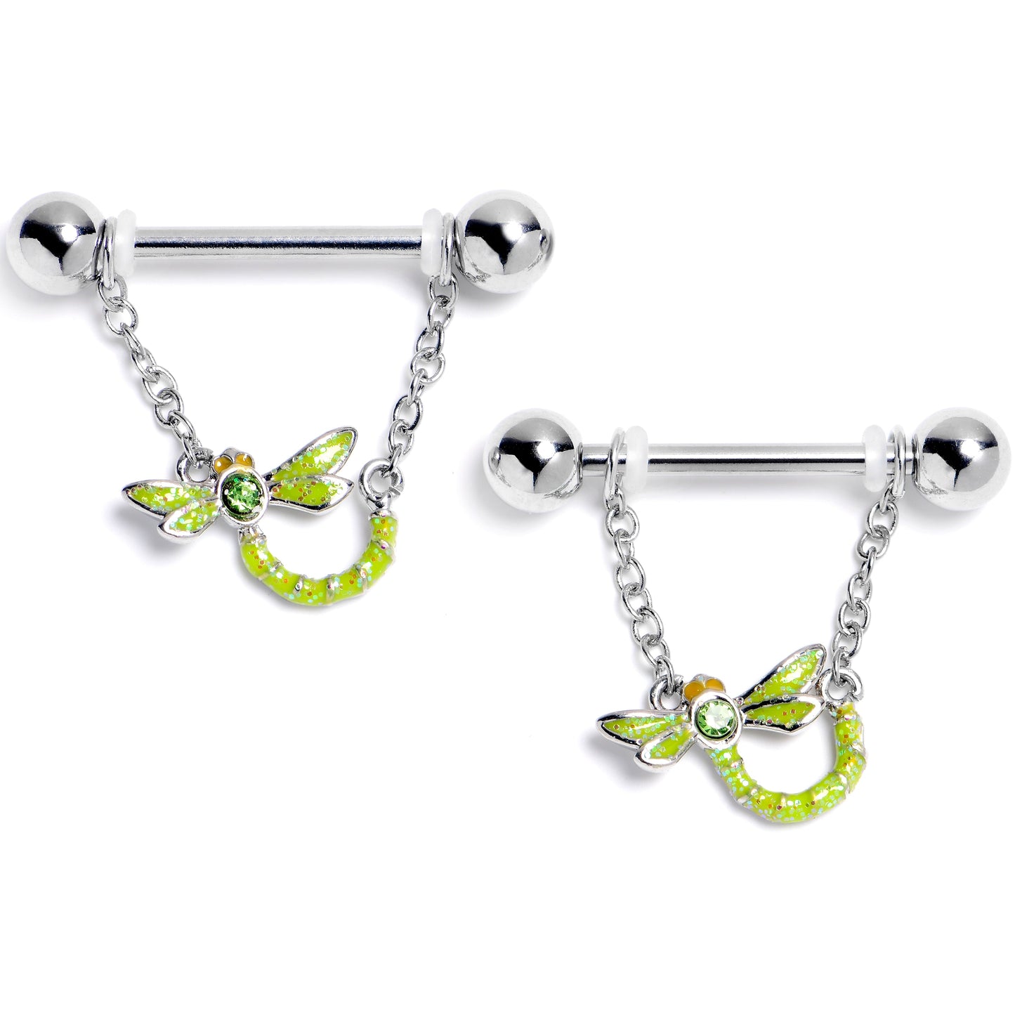 14G 9/16 Green Gem Glitter Dragonfly Dangle Nipple Ring Set