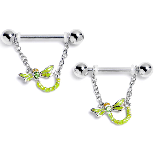 14G 9/16 Green Gem Glitter Dragonfly Dangle Nipple Ring Set