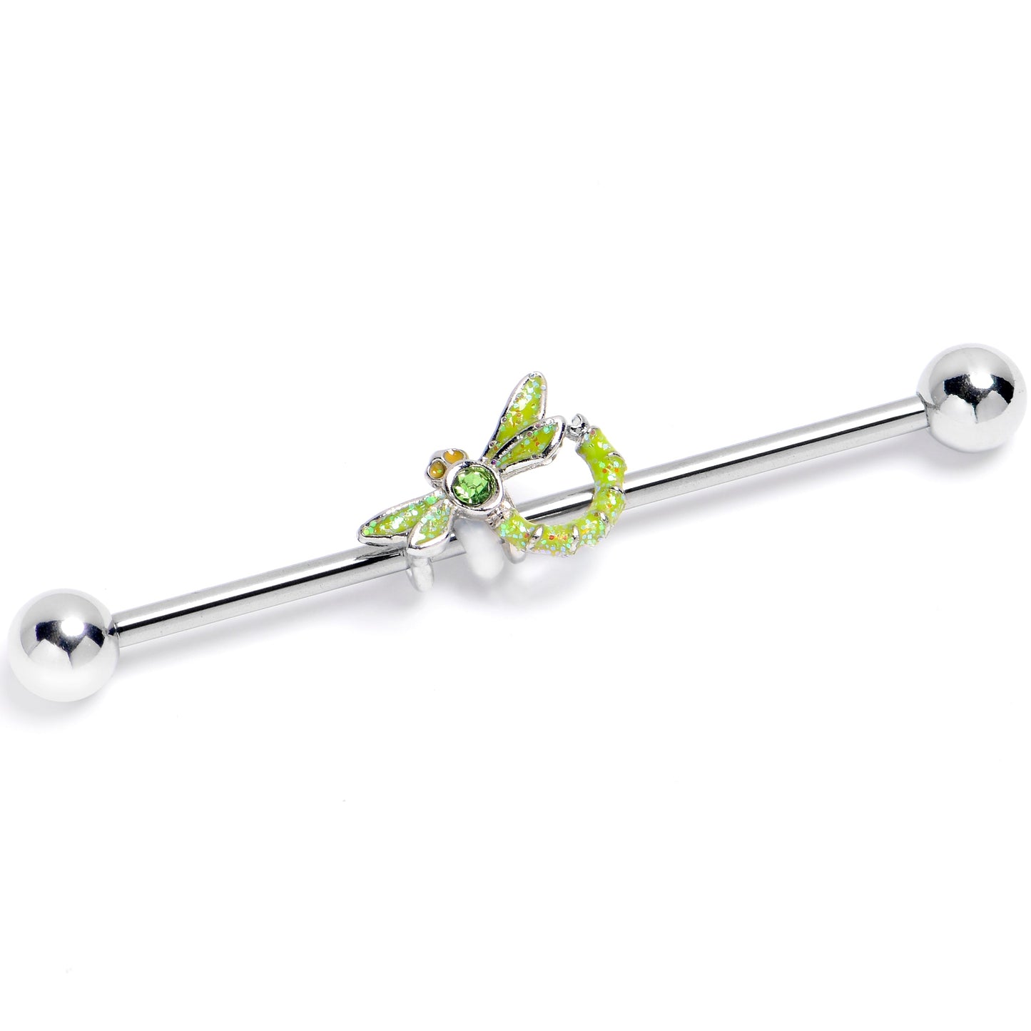 14G Green Gem Glitter Dragonfly Industrial Barbell 38mm