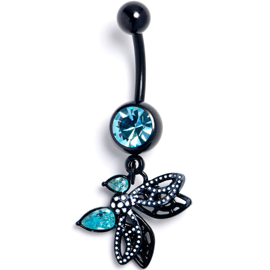 Blue CZ Gem Black Night Drama Butterfly Dangle Belly Ring