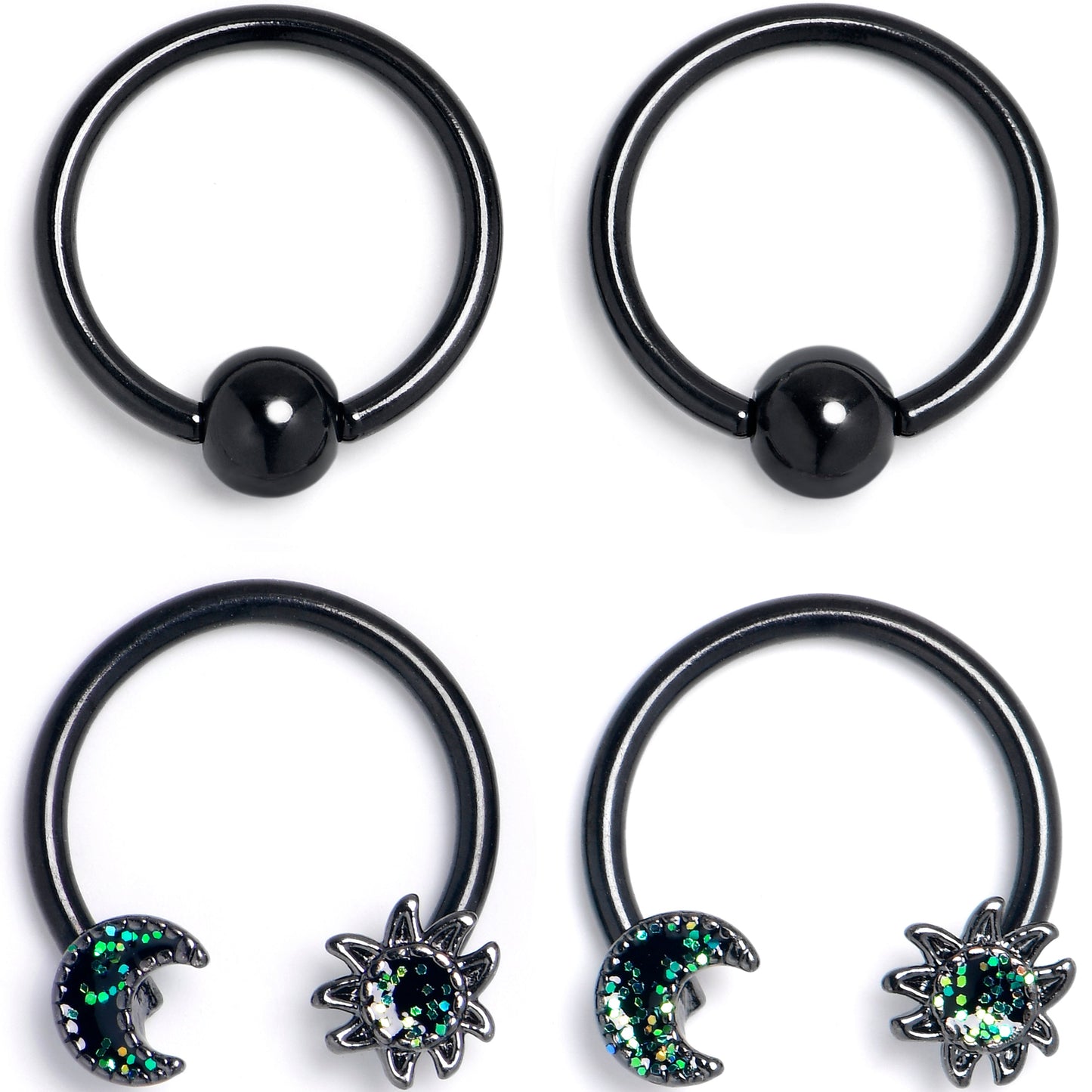 16G 3/8 Green Faux Opal Black Moon Sun BCR Horseshoe Set of 4