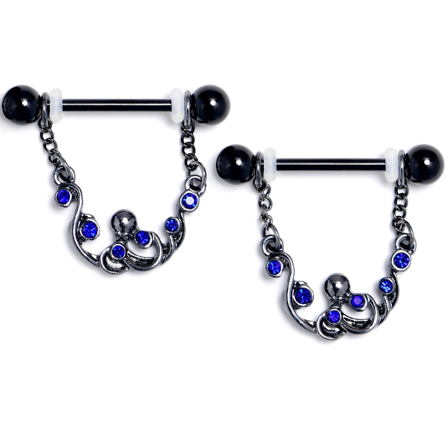 14G 9/16 Blue Gem Black Scrolling Elegance Dangle Nipple Ring Set