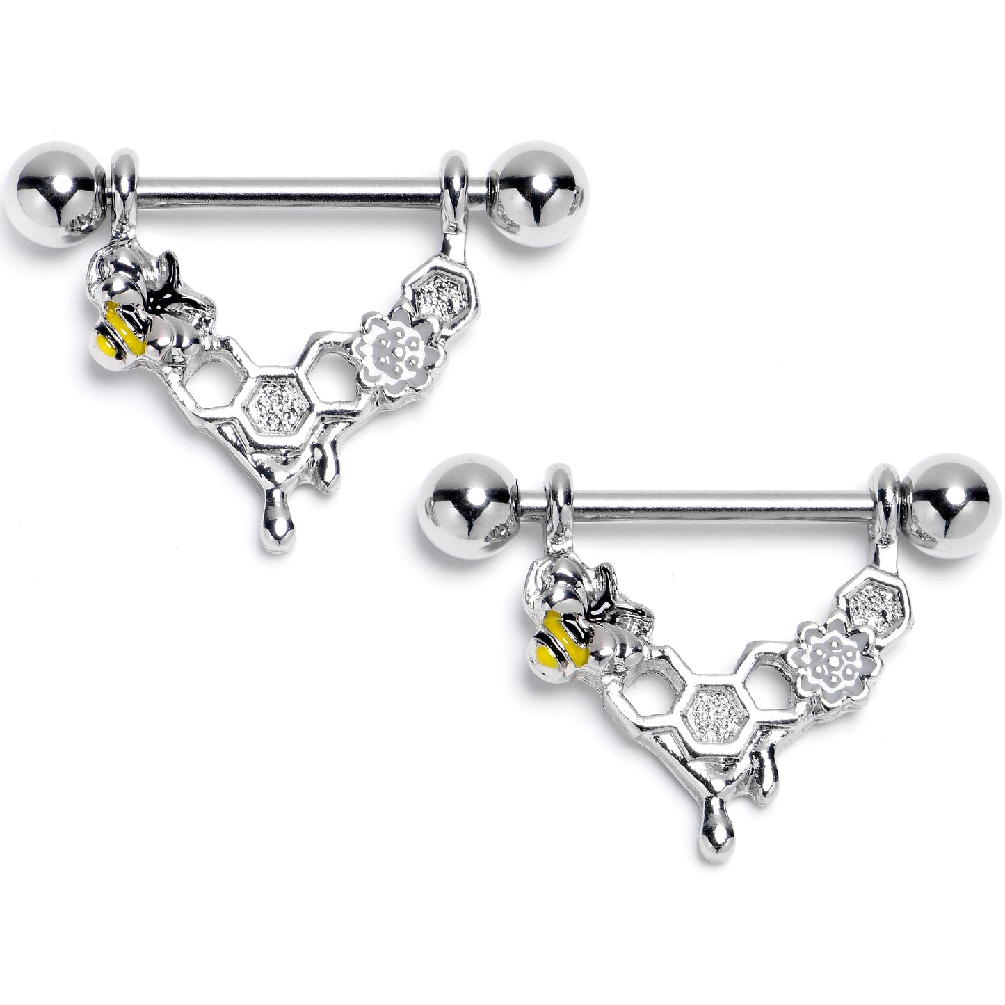 14G 9/16 Bee Hive Honey Dripper Dangle Nipple Ring Set