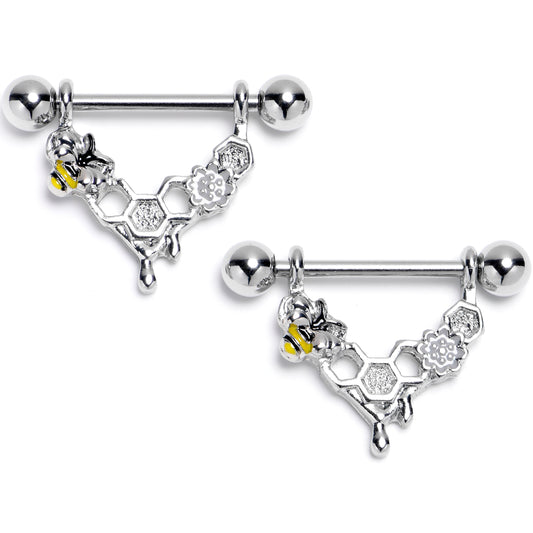 14G 9/16 Bee Hive Honey Dripper Dangle Nipple Ring Set