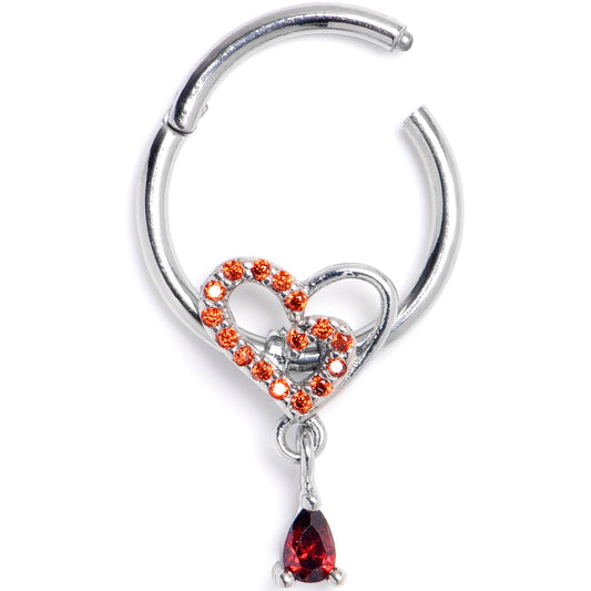16G 3/8 Red CZ Gem Asymmetrical Heart Dangle Hinged Segment Ring