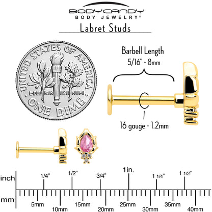 16G 5/16 Pink CZ Gem Gold Tone Style Fire Labret Monroe Tragus