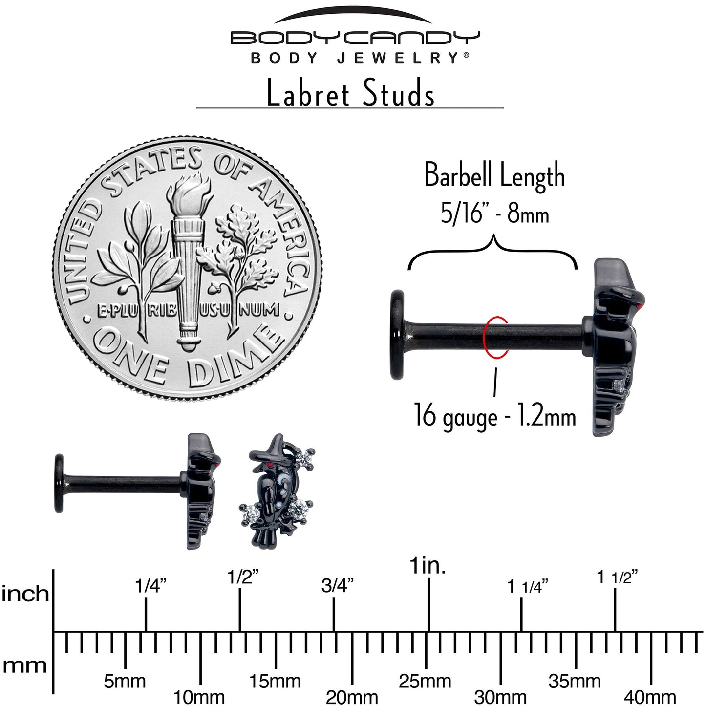 16G 5/16 Clear CZ Gem Black Raven Witch Labret Monroe Tragus