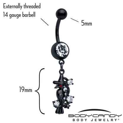 Clear CZ Gem Black Raven Witch Dangle Belly Ring