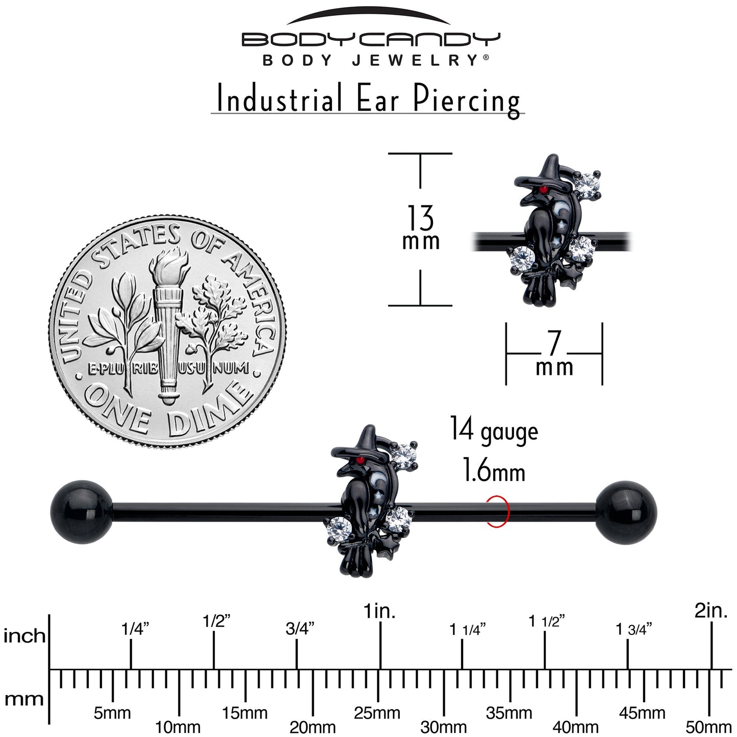 14G Clear CZ Gem Black Raven Witch Industrial Barbell 38mm