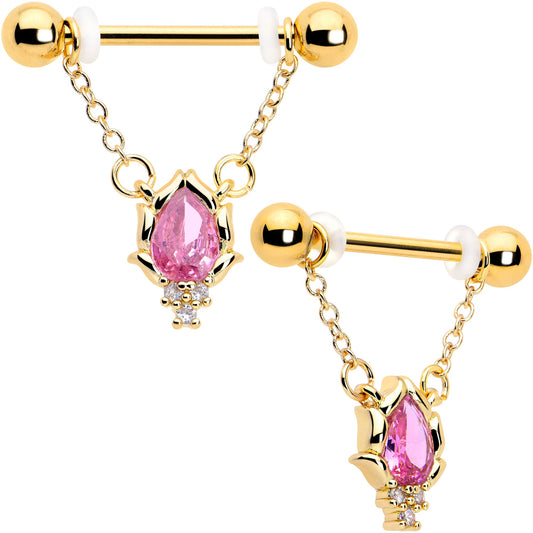 14G 9/16 Pink CZ Gem Gold Tone Style Fire Dangle Nipple Ring Set