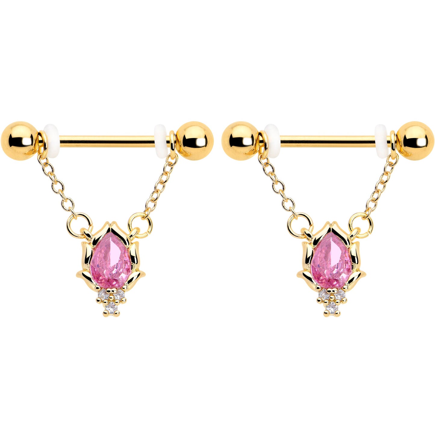 14G 9/16 Pink CZ Gem Gold Tone Style Fire Dangle Nipple Ring Set