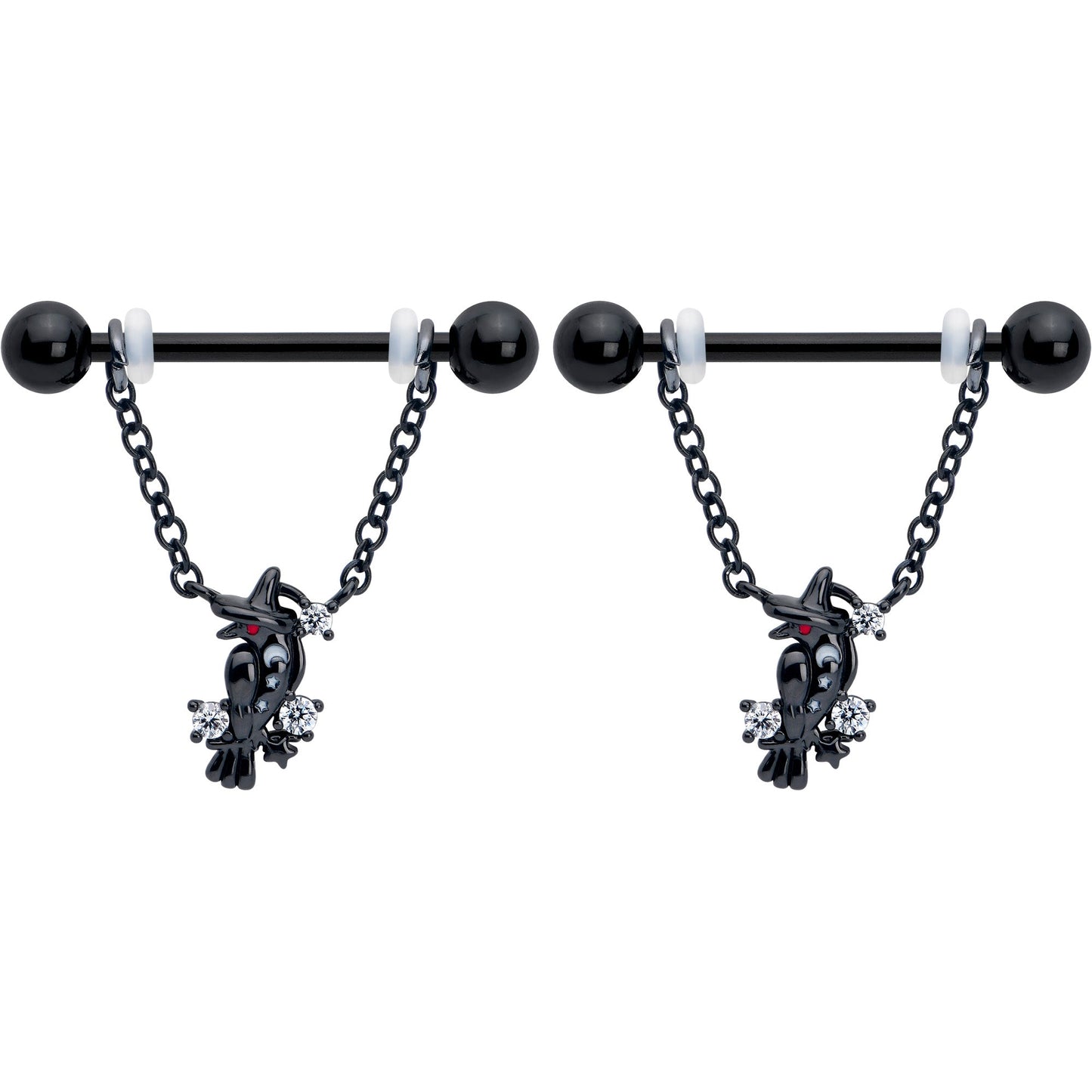 14G 9/16 Clear CZ Gem Black Raven Witch Dangle Nipple Ring Set