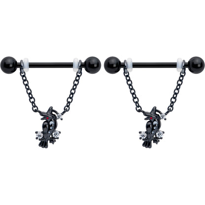 14G 9/16 Clear CZ Gem Black Raven Witch Dangle Nipple Ring Set