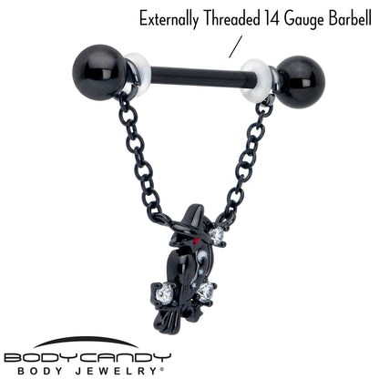 14G 9/16 Clear CZ Gem Black Raven Witch Dangle Nipple Ring Set